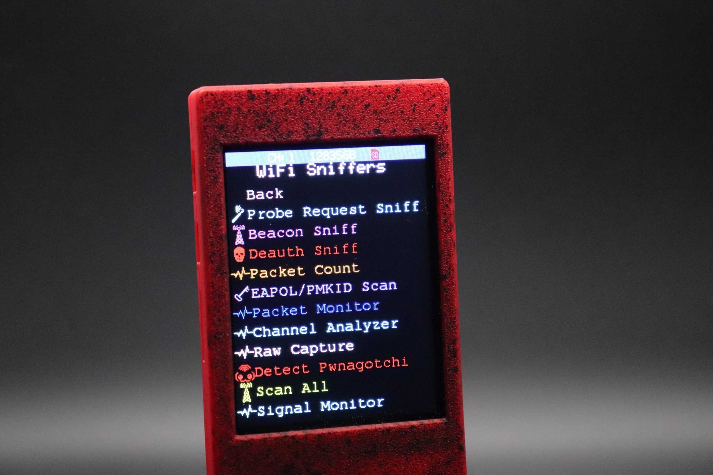Red ESP32 CYD Wireless Toolkit with custom TraceFinish case