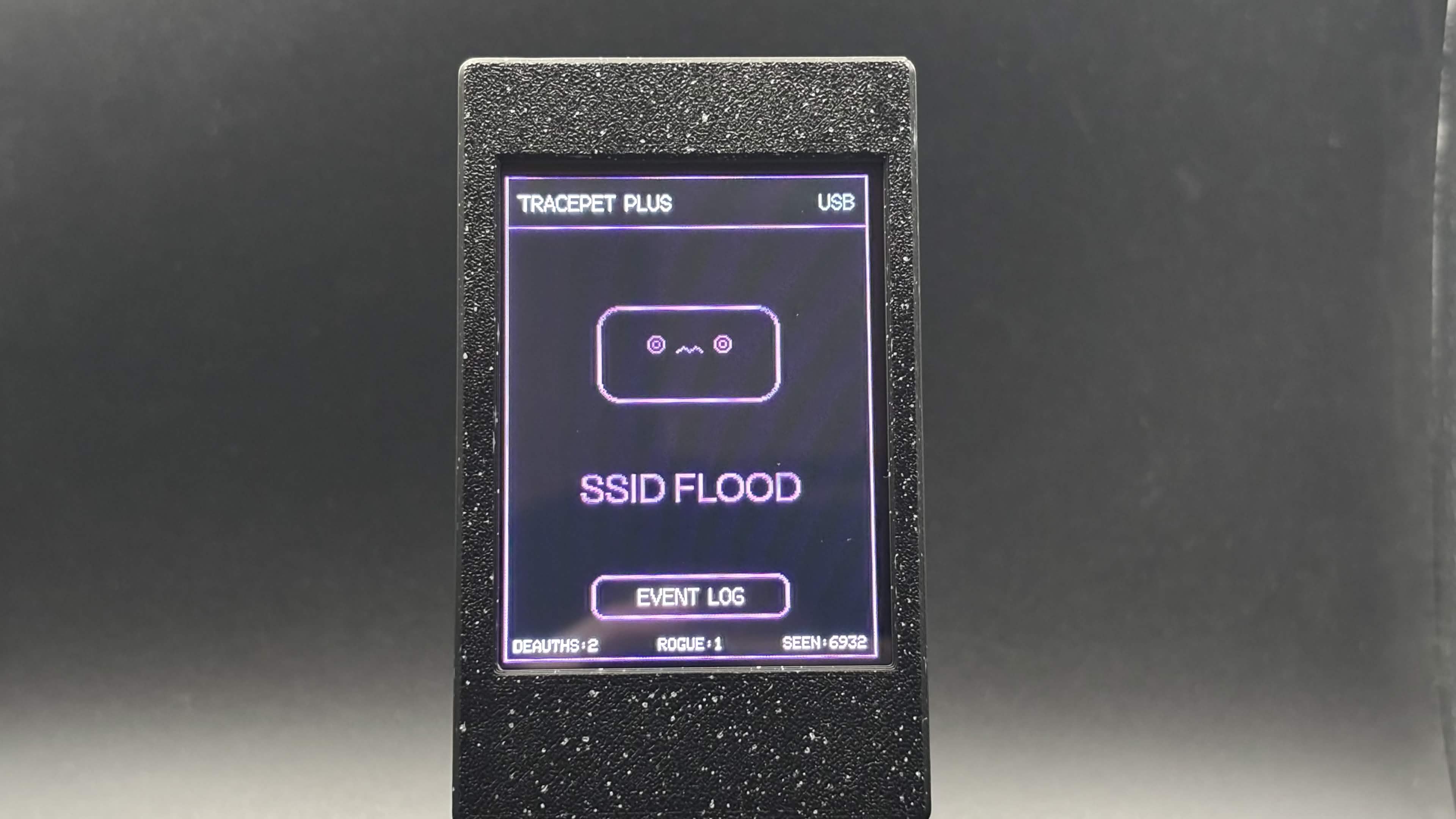 TracePet Plus displaying the purple SSID Flood alert
