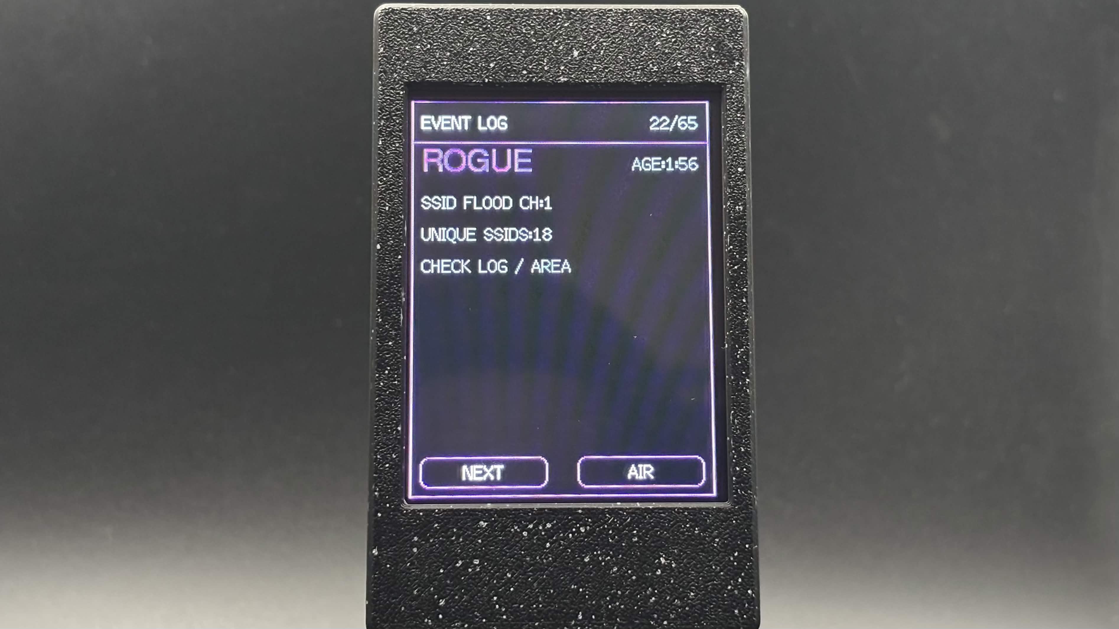 TracePet Plus rogue event log showing SSID flood details
