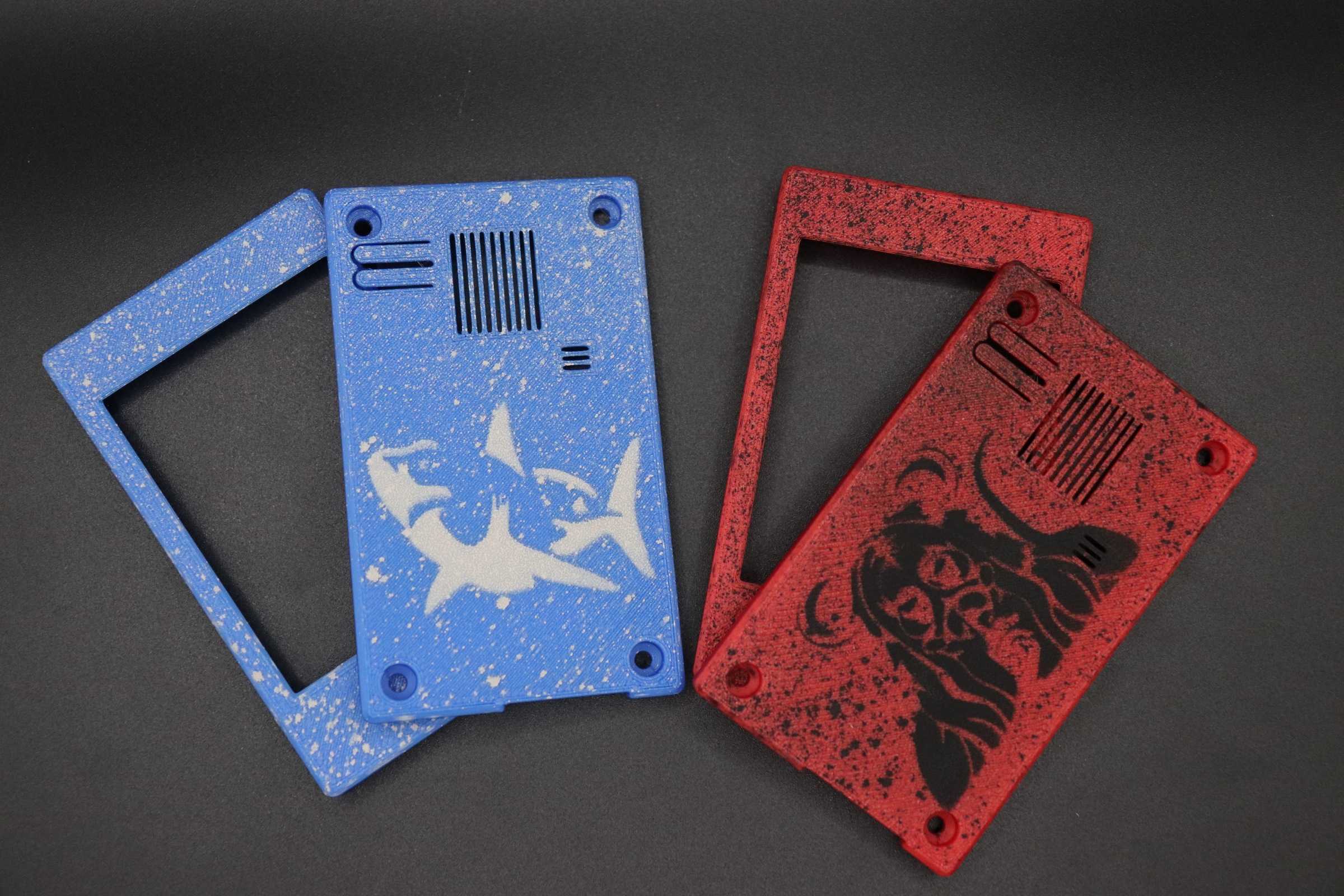 Blue Shark and red Ssssh Rat custom painted case examples