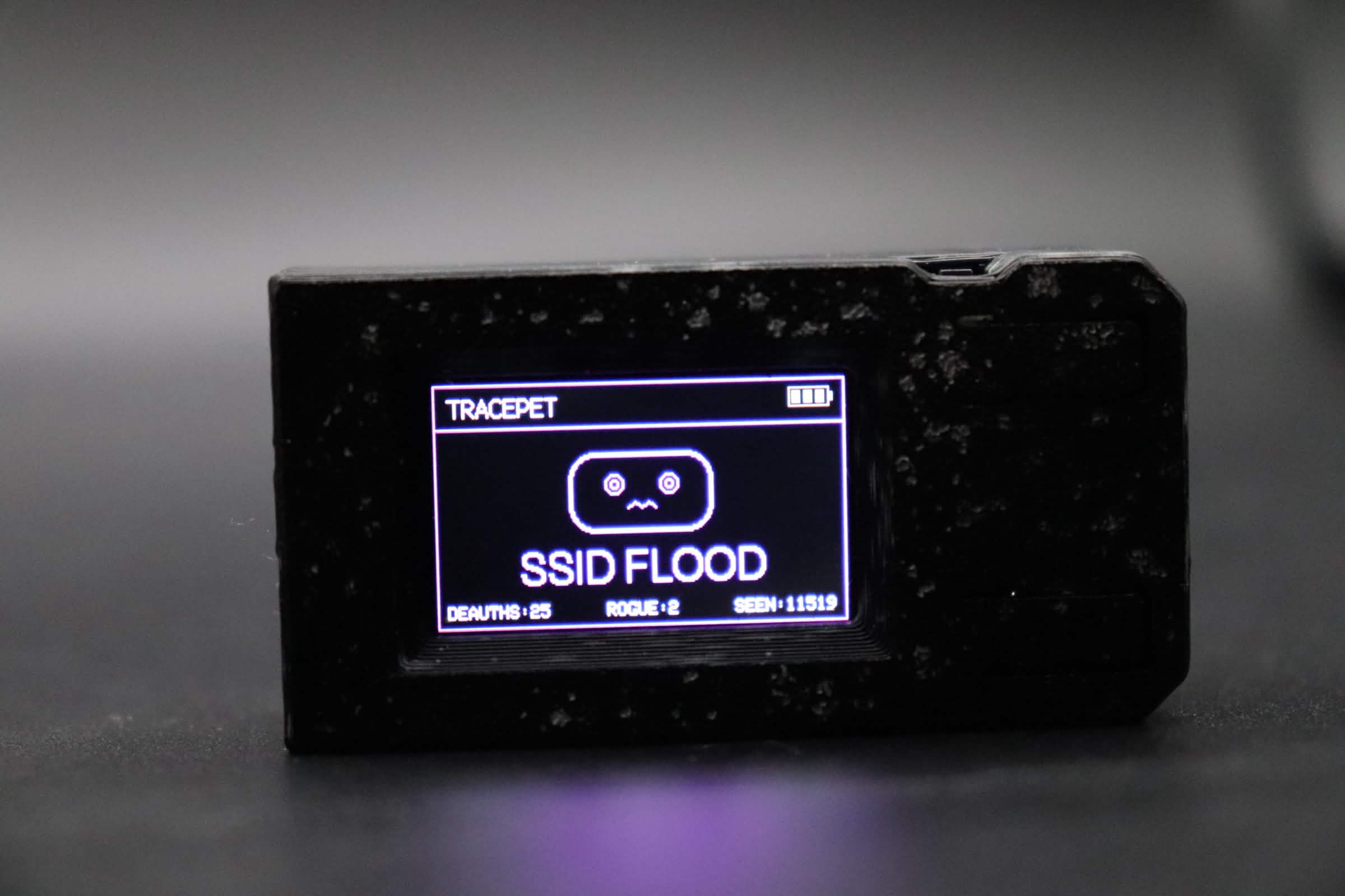 TracePet showing SSID Flood alert state